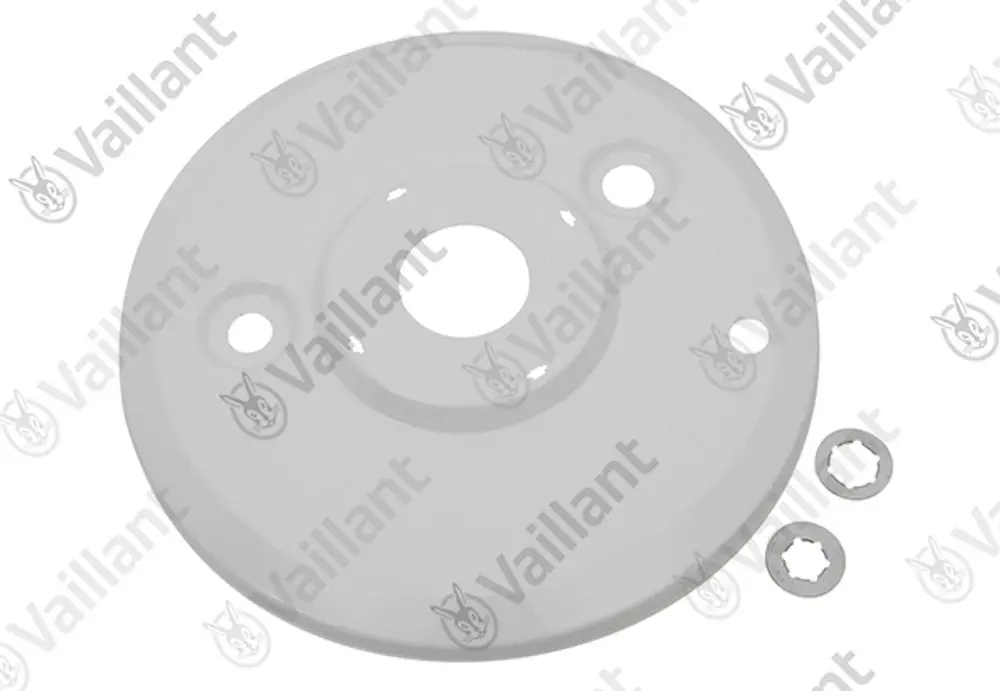 Weißer runder Deckel von Vaillant mit einem zentralen Loch und zwei seitlichen Bohrungen für die Montage.